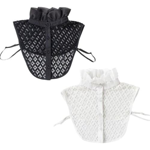 2021 New Ladies Sweet Pleated Ruffled Chiffon Fake Collar Hollow Out Floral Lace Button D