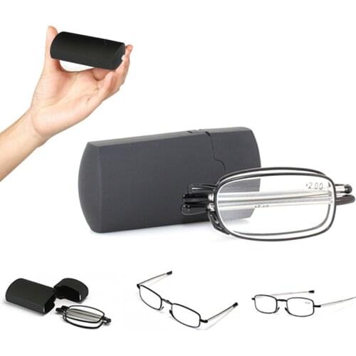 Lightweight Mini Portable Folding Reading Glasses Men Women Presbyopic Glasses Metal Full Frame Black with case +1.5 2.5