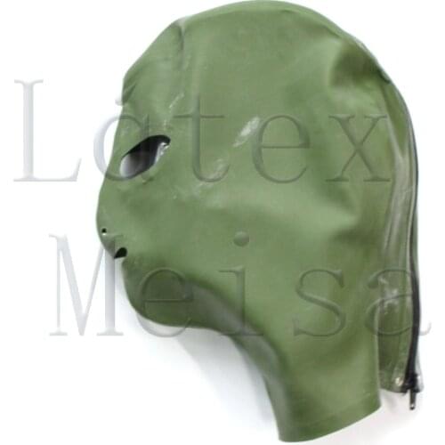 Olive green color latex hoods Fetish with back zip for adults