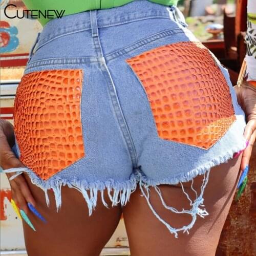 Cutenew Pocket Patchwork PU Super Shorts Women Summer Sexy Skinny Y2K Tassel Denim Shorts Wild Streetwear Stretchy Lady Bottoms