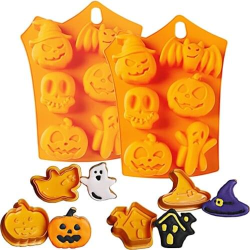 6Grids Silicone DIY Mold Pumpkin Bat Skull Ghost Shape Halloween Theme Candy Chocolate Pudding Mould Kitchen Cake Baking Tools