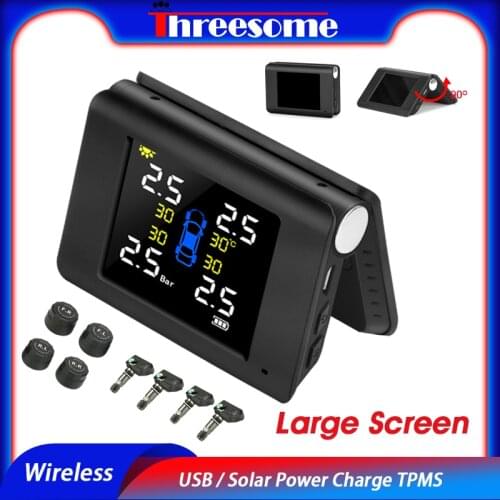 TPMS Large Screen USB / Solar Power Charge Tire Pressure Alarm Monitoring System LED Color 4 Built-in or External Sensor LCD