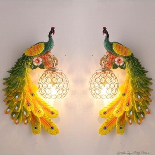 Colorful Peacock Birds Lamp Wall Lights Bedroom Bedside Lamps Creative Nordic Resin Home Decor Wall Lamps LED Living Room Decor
