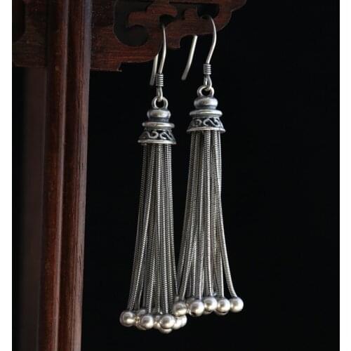 100% S925 Sterling Silver color Tassel Earrings for Women Ethnic Long Earrings Thai Silver color Jewelry Brincos Birthday Gifts