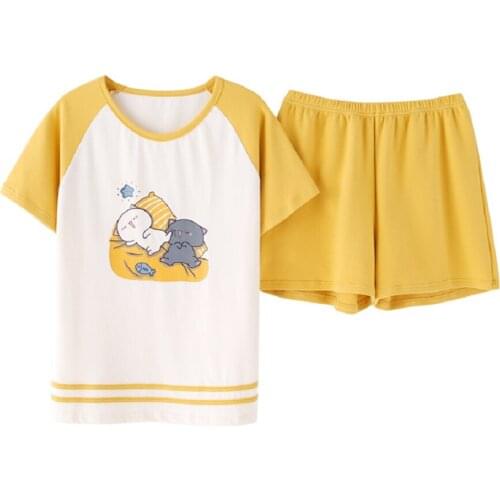 Summer Cute Cat 4 Colors Pajamas Sets Women Casual Cotton Short Tops Pants Pijama Big Size Soft Sleepwear Nightgown Mujer