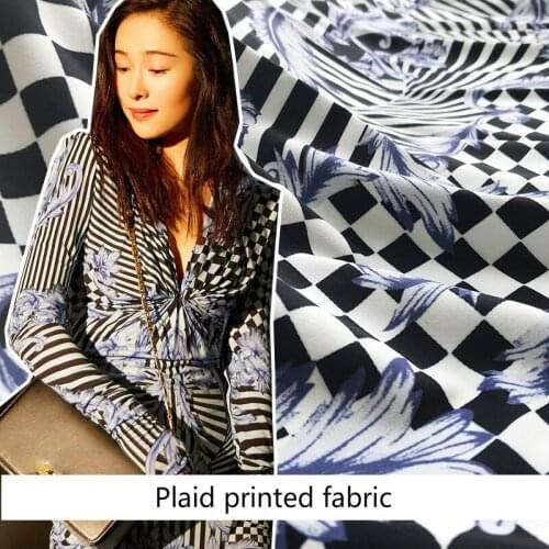 148 cm wide 4-way stretch crepe fabric meter blue plaid printed fabric shirt dress handmade DIY fabric wholesale cloth