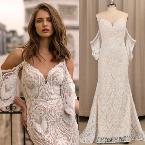 #4058 Sweetheart Lace Champagne Spaghetti Strap Mermaid Wedding Dress Bridal Gowns