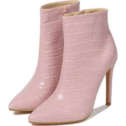 2021 New Luxury Women Pink Blue Boots Sexy Thin High Heels Fetish Stripper Booties Warm Fur Print Sweet Ankle Boots Pointy Shoes