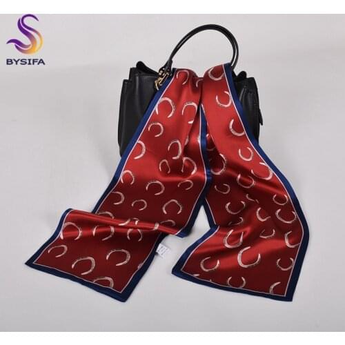 BYSIFA|Wine Red Natural 100%Silk Ribbon Scarf Spring Summer Fashion Big Long Scarves Headbands Printed Brand Neck Scarf 155*16cm