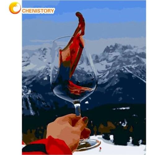 CHENISTORY Framed Painting By Numbers Kits For Adults Unique Gift Snow Mountain With Wine Landscape Picture By Number Wall Craft