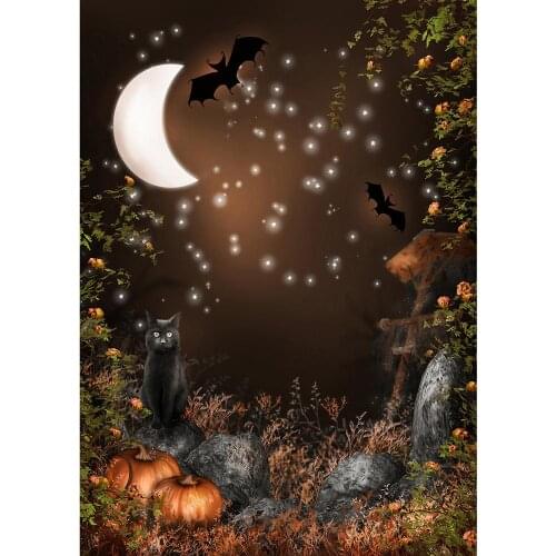 Curved Moon Black Cat Pumpkin Halloween Photography Background Customized Backdrop for Children Baby Party Photocall Fond Photo