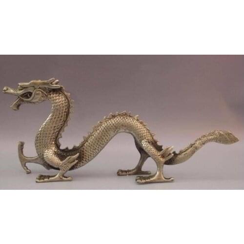 Chinese White Copper Bronze Silver Feng shui Wealth Auspicious Fly Dragon Statue