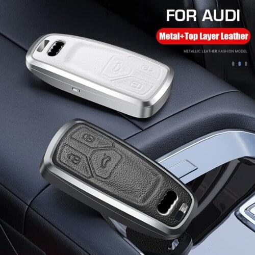 Leather Alloy Car Key Case Cover Fob Shell For Audi A1 A3 A4 A5 A6 A7 A8 B9 Quattro TT TTS 8S Q3 Q5 Q7 2009-2017 Ring
