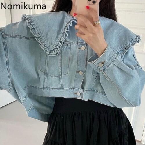 Nomikuma Denim Jackets Women Korean Style Turn Down Collar Long Sleeve Short Tops Single Breasted Casual Loose Coat High Street