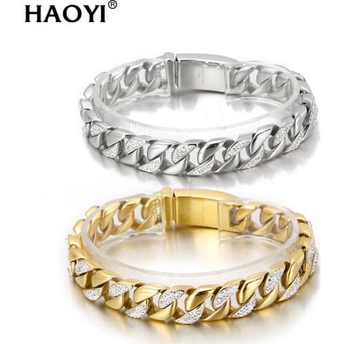 12mm Wide Hip Hop Glittering Men Rapper Bracelet with Rhinestone and Miami Cuban Men Chain Bracelet, Men Casual Jewelry