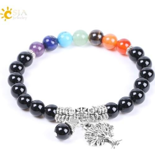 CSJA Natural Black Onyx Stone Beads Men Jewelry Bracelet Chakra Crystal Beaded Tree of Life Pendant Energy Balance Bangles F128