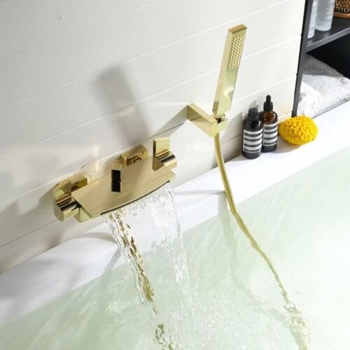 Bathtub Shower Set Wall Mounted Waterfall Bathtub Faucet, Bathroom Cold and Hot Bath and Shower Mixer Taps Brass Gold