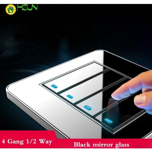 Tap the switch at any point Type 86 Black Mirror Glass 4Gang 1Way 2Way Wall Switch Panel with led fluorescent