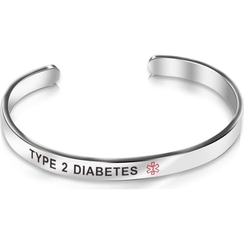 2020 New Mantra Bracelet Red Cross Society Bracelet, Stamped TYPE 2 DIABETES 6MM Bar Stainlless Steel Bangle Open Cuff Bangle