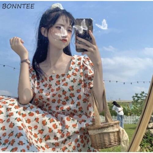 Short Sleeve Dress Women Lovely Female Square Collar Holiday Fashion Casual A-line Flower Sweet Korean Style Kawaii Girlish Chic