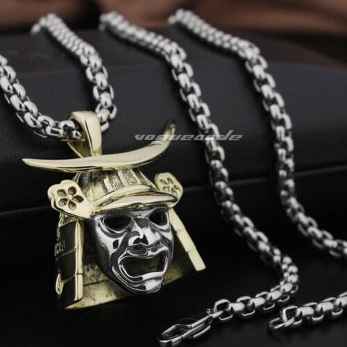 LINSION Brass Japanese Samurai Armor 925 Sterling Silver Face Mark Mens Biker Punk Pendant 8Q024