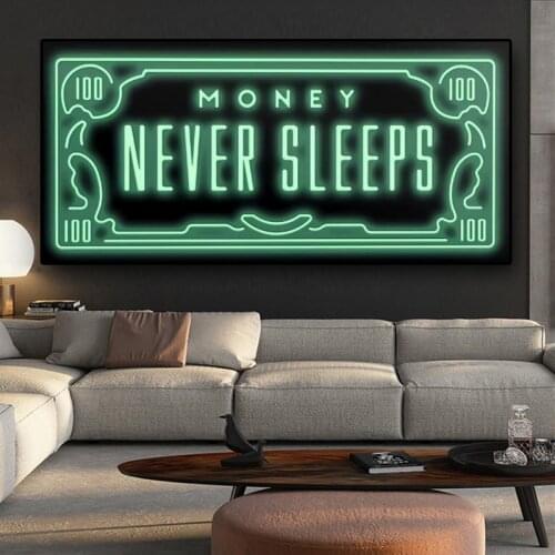 Modern Inspiring Phrases Money Never Sleeps Canvas Painting Posters Prints Wall Art Picture Cuadros Home Decoration Room Decor