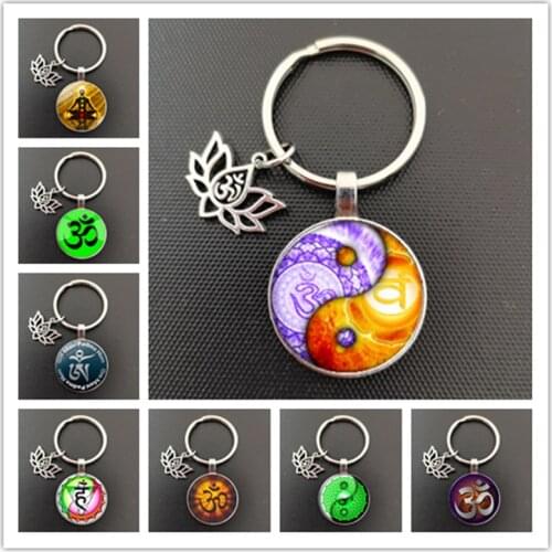 Buddha Statue Religion Buddhism Keychain OHM Om Aum Amulet Pattern Glass Pendant Keychain Ladies Keychain Gift