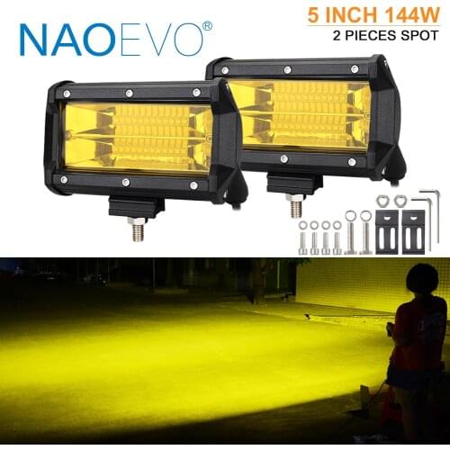 NAOEVO 5inch 144W OffRoad LED Work Light 12V 24V Yellow Led Light Bar for Car Jeep Truck Suv 4x4 Tractor Boat Atv Spot Fog Light