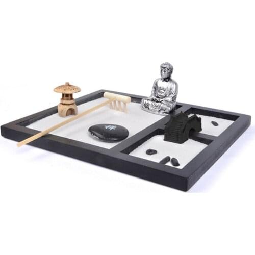 Japanese Zen Garden for Desk 8x7 Inches Large Wood Tray White Sand River Rocks Rake Tools Set Office Table Accessories
