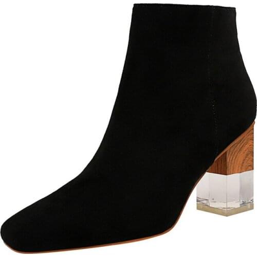 UMMEWALO Ankle Length Flock Boots Women Fashion Square Toe High Heel Shoes Winter Ankle Boots Ladies Shoes 298-2