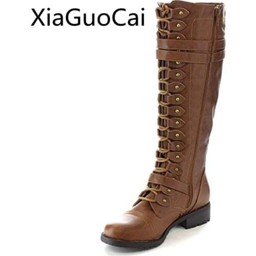 Fashion Women Motorcycle Boots Lace Up Riding Bootsl Knee High Long Boots Winter Round Toe Leather Shoes Plus Size 43