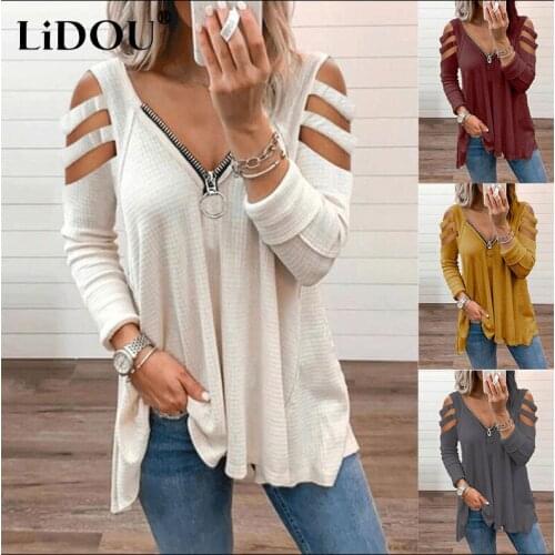Femme Sexy Hollow-Out Lady Fashion Tops Women Casual Clothes Pullover Long Sleeve V-neck Loose Tshirts Zipper Plus Size T-Shirt