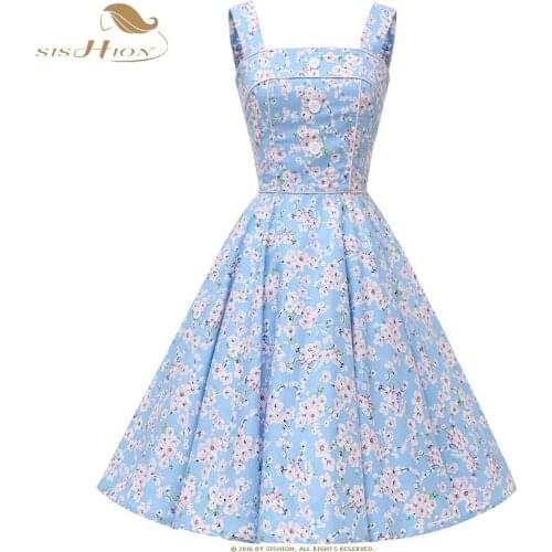 SISHION Elegant Cotton Dress 2021 Summer Hepburn Style Women Sexy Blue Pink Floral Dresses Sexy Vintage vestidos VD0759