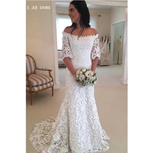 E JUE SHUNG Elegant Full Lace Beach Wedding Dresses Boat Neck Half Sleeve Zipper Back Long Mermaid Bridal Gowns robe de soiree