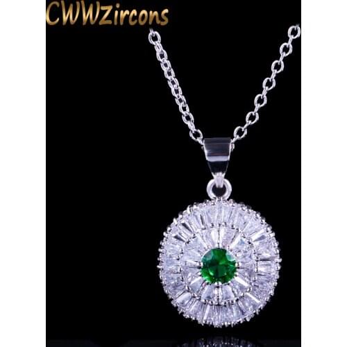 CWWZircons New Fashion Famous Brand Jewelry Solitaire Round Drop CZ Green Crystal Stones Pendant Necklace For Women CP073
