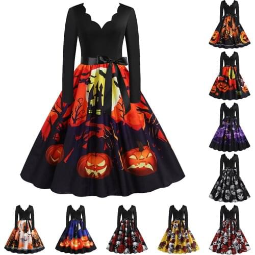 Women Vintage Long Sleeve Halloween 1950s Housewife Evening Party Prom Dress Halloween Costumes Plus Size Bandage Bow Disfraces