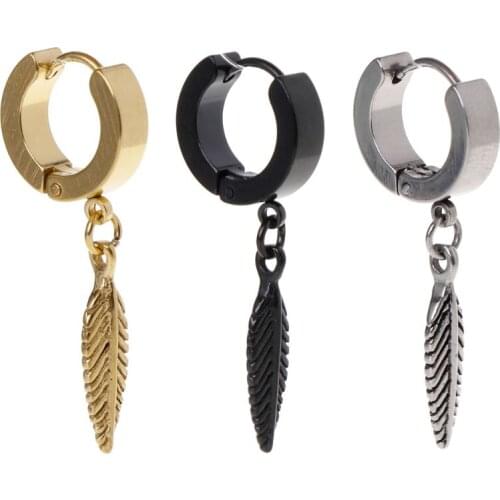 1pc New Arrival Punk Earrings Fashion Feather Pendant Personality Titanium Steel Buckle Women Men Jewelry Decoration Charms Male