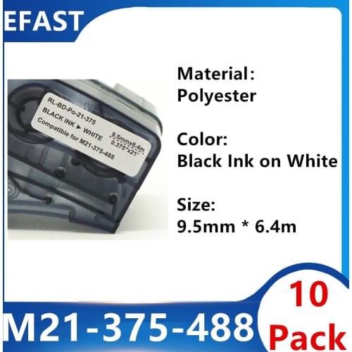 10 Pack M21 375 488 Polyester Label Ribbon Label Tape Label Maker For BMP21 PLUS BMP21 LAB Printer Black On White 9.5mm * 6.4m