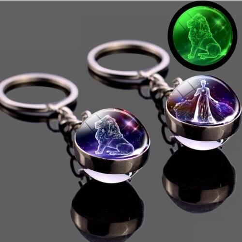 12 Constellation Luminous Keychain Glow In The Dark Glass Ball Pendant Zodiac Key Chain Holder Gifts for Men Women Lovers Friend