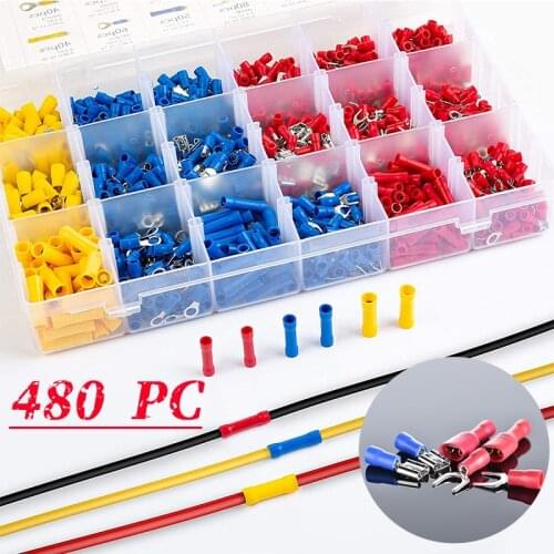 140/480/300/1200Pcs Electrical Connectors Butt Ring Spade CrimpTerminal Assorted Electrical Wire Cable Connector Rolled Kit