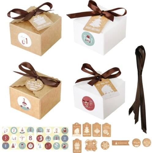 24 Sets Christmas Kraft Paper Candy Boxes Retro DIY Holiday Decoration Gift Boxes with Tags Stickers Ribbon