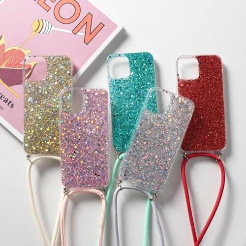 Bling Glitter Stars Sequins Lanyard Strap Cord Phone Case For iPhone 11 Pro XS Max 12 Mini XR X 6S 7 8 Plus 5 SE 2020 TPU Cover