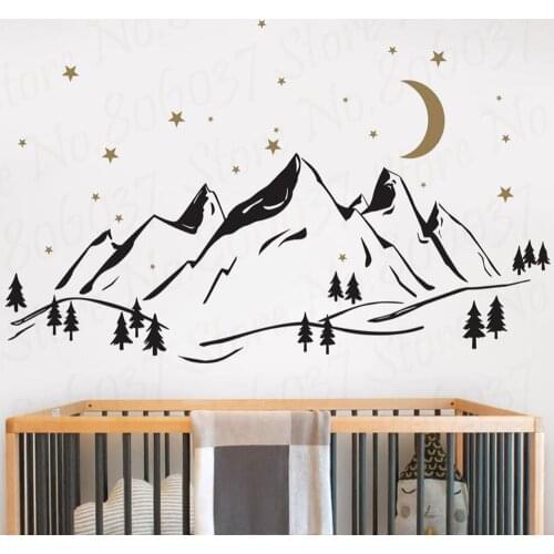 Mountains And Night Sky Decal - Moon Stars Vinyl Sticker Forest Scene , Hiking , Camping , Constellations Room Decoration WL1155