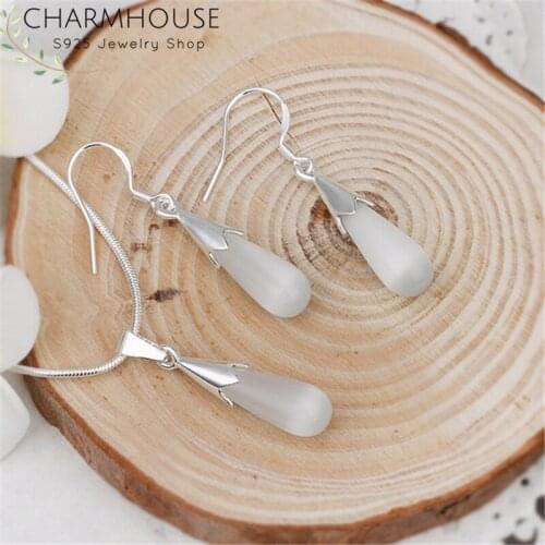 Charmhouse Silver 925 Jewelry Sets For Women Waterdrop Opal Pendant Necklace Earrings 2pcs Set Wedding Jewelry Accessories Gift