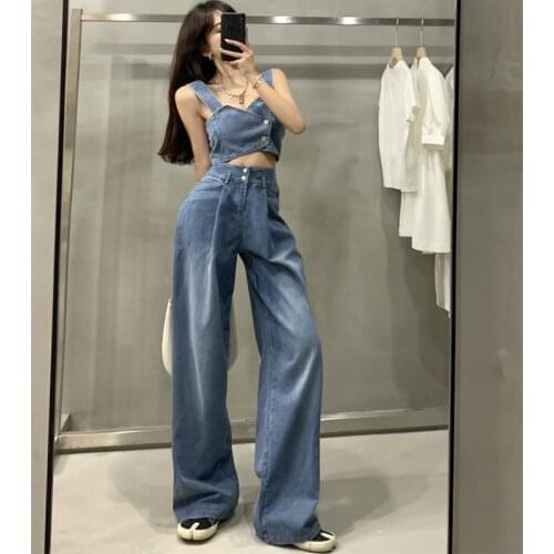 Amolapha Women Sexy Summer Jeans Clothing Sets Sleeveless Sling Short Denim Camisole Tops+Loose High Waist Pants Female Outfits