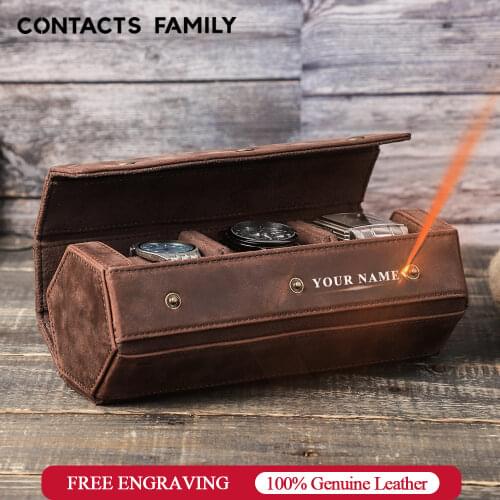 CONTACTS FAMILY 3 Slot Watch Roll Case Leather Watch Boxes Storage Organizer Box with Slid in Out Travel Gift Free Engraving