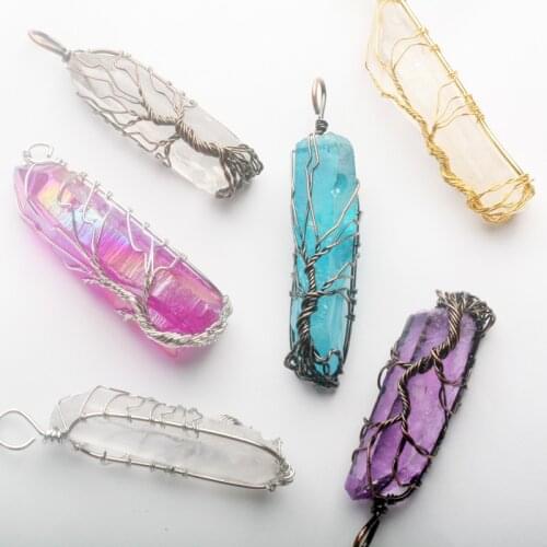 Natural Clear Lake Blue Purple Crystal Pillar Big Pendants Antique Copper Wire Wrapped Tree of Life Quartz Pendant