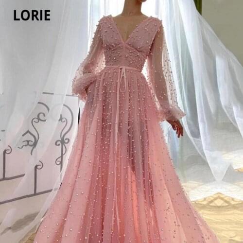 LORIE Luxury Dairy Prom Dress V-Neck Beaded with Pearls Puff Sleeves Pink Party Dress for Graduation Celebrity robe fete femme