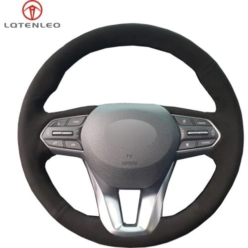 LQTENLEO Black Suede DIY Hand-stitched Car Steering Wheel Cover for Hyundai Santa Fe 2019 2020