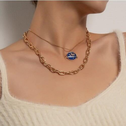 Orgin Summer Unique Design Double Layer Blue Cat Medallion Pendant Necklace for Women French Chunky Curb Chain Necklace Jewelry